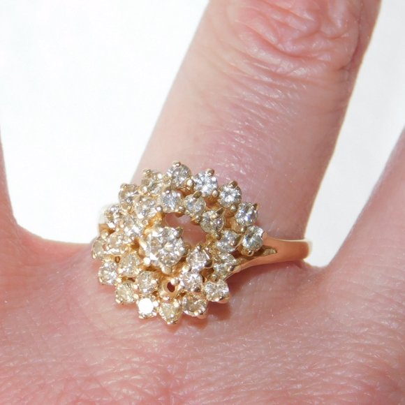 Estate 10K Solid Gold Real Diamond Large Cocktail Cluster Anniversary Ring 1+CT - Picture 3 of 8